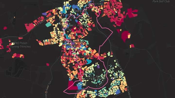 House price heatmap showing property values across Dorking