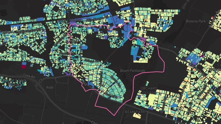 House price heatmap showing property values across Dagenham Heathway
