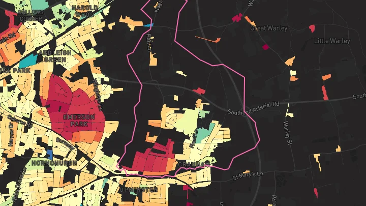 House price heatmap showing property values across Upminster