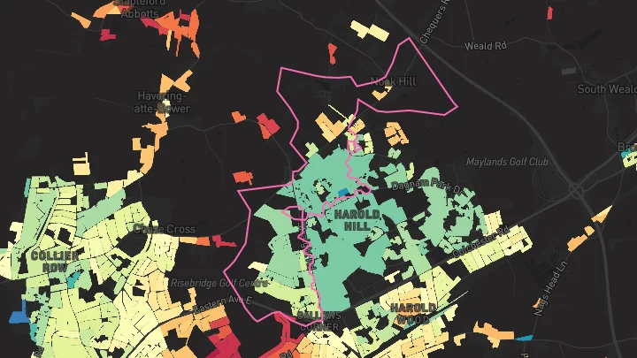 House price heatmap showing property values across Harold Wood