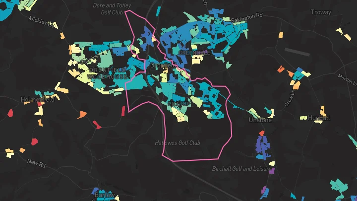House price heatmap showing property values across Dronfield