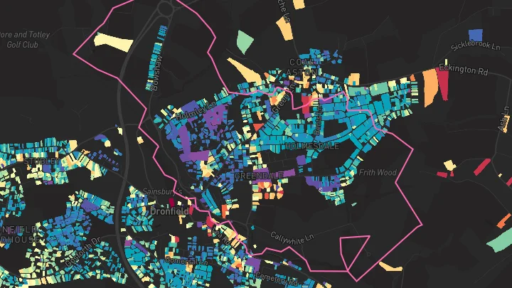 House price heatmap showing property values across Dronfield