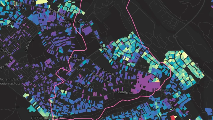 House price heatmap showing property values across High Green