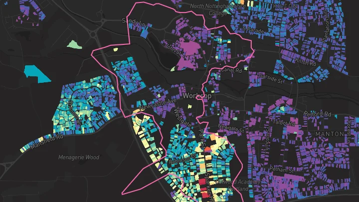 House price heatmap showing property values across Worksop