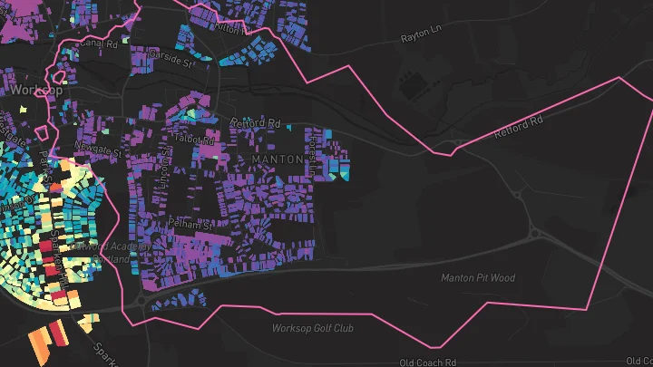 House price heatmap showing property values across Worksop