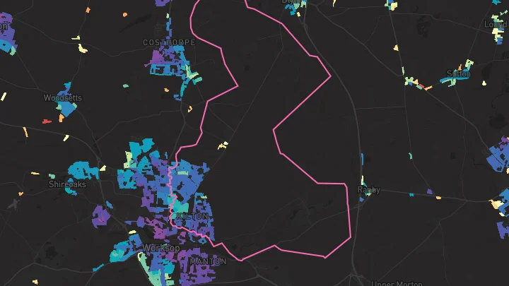 House price heatmap showing property values across Worksop