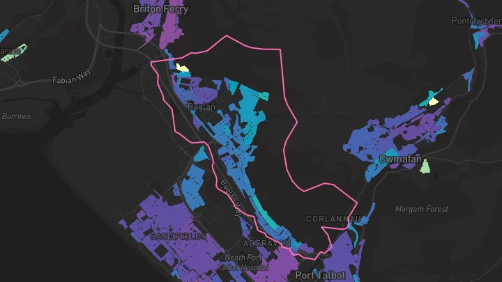 House price heatmap showing property values across Baglan