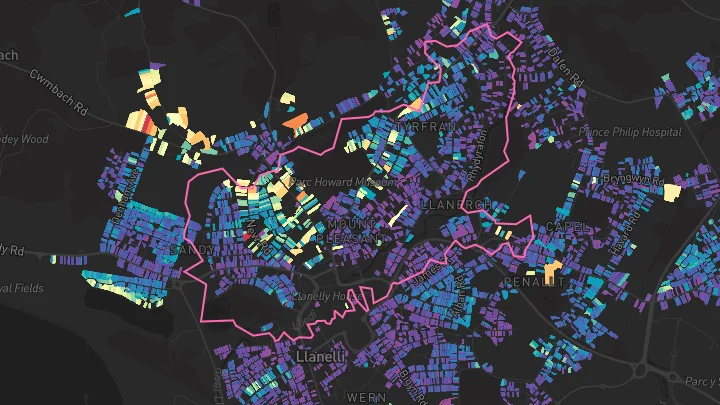 House price heatmap showing property values across Llanelli