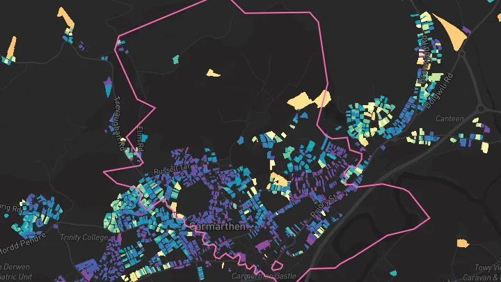 House price heatmap showing property values across Carmarthen