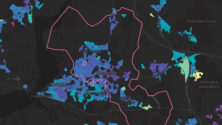 House price heatmap showing property values across Gorseinon
