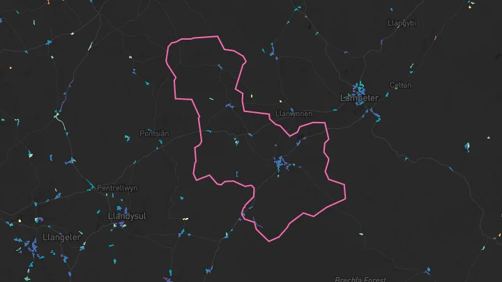 House price heatmap showing property values across Llanybydder