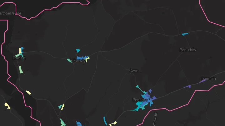 House price heatmap showing property values across Cardigan