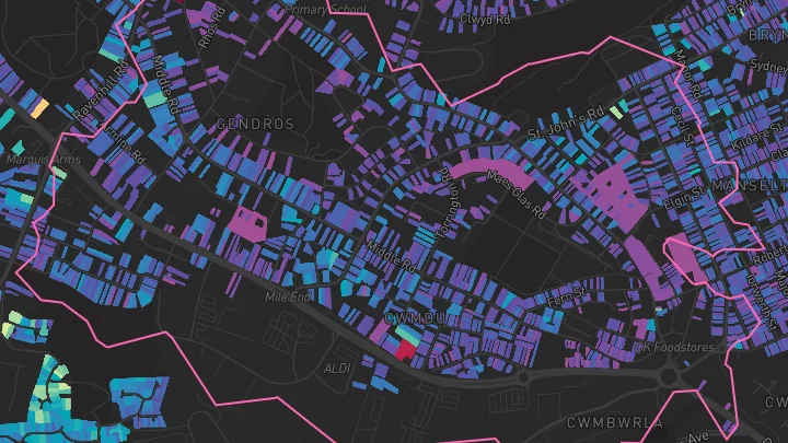 House price heatmap showing property values across Gendros