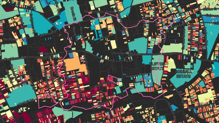 House price heatmap showing property values across Peckham Rye