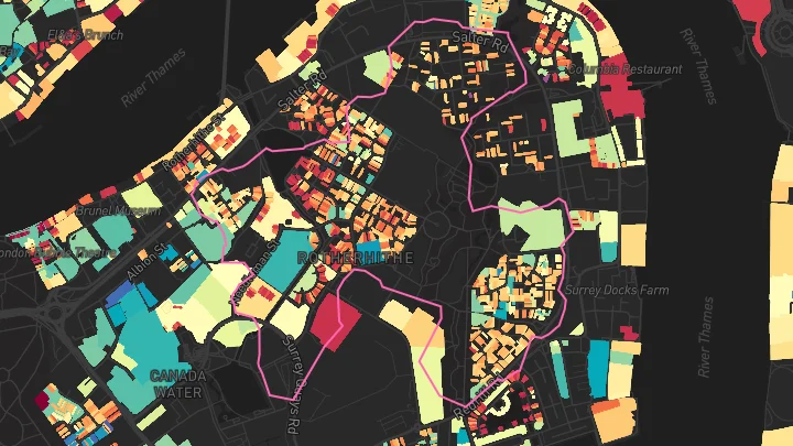 House price heatmap showing property values across Canada Water