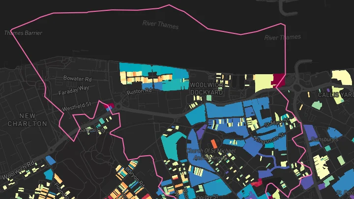 House price heatmap showing property values across Woolwich Dockyard