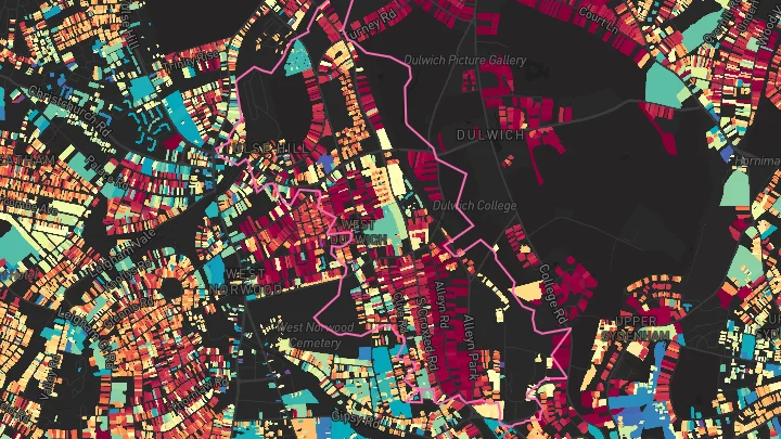 House price heatmap showing property values across West Dulwich
