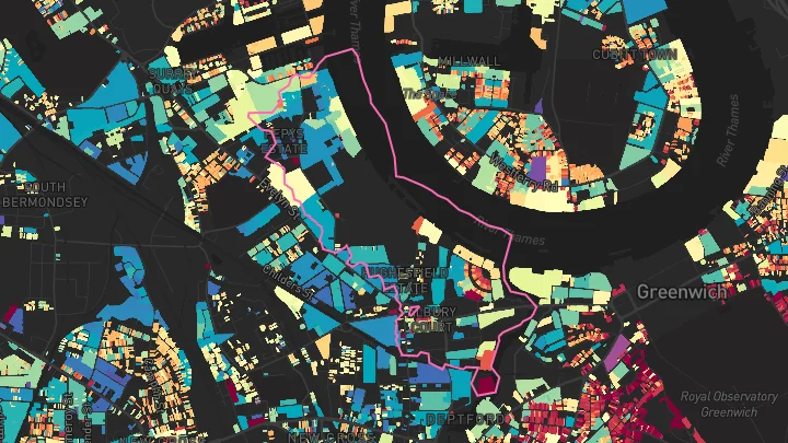House price heatmap showing property values across Deptford