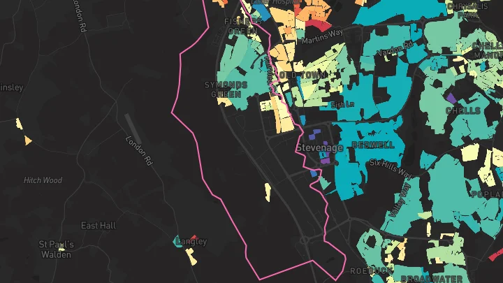 House price heatmap showing property values across Stevenage