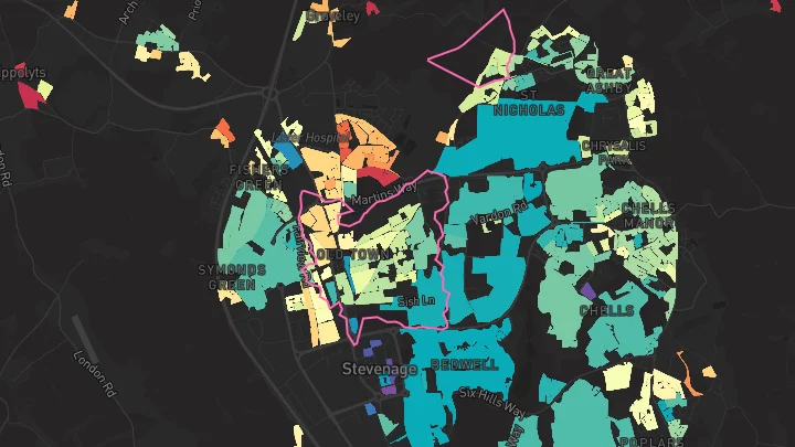 House price heatmap showing property values across Stevenage