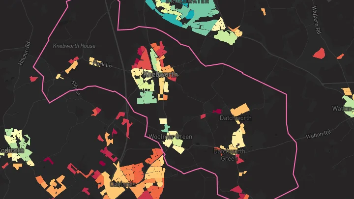 House price heatmap showing property values across Knebworth