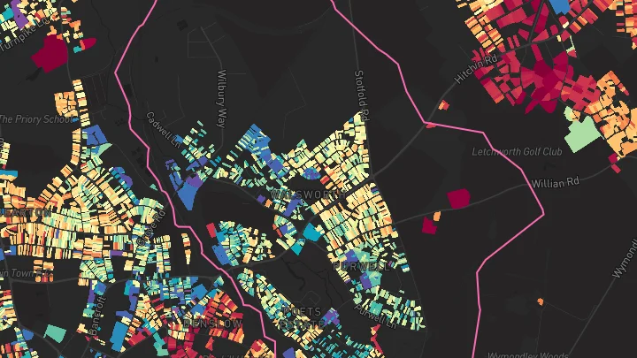 House price heatmap showing property values across Hitchin