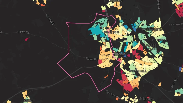 House price heatmap showing property values across Hitchin