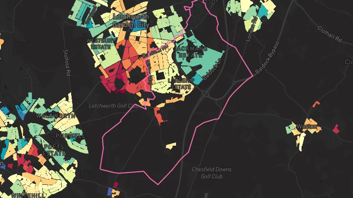 House price heatmap showing property values across Letchworth Garden City