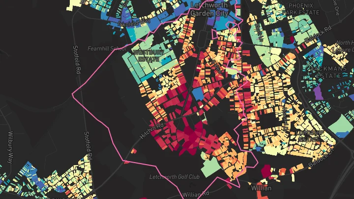 House price heatmap showing property values across Letchworth Garden City