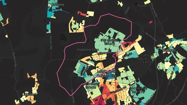 House price heatmap showing property values across Letchworth Garden City