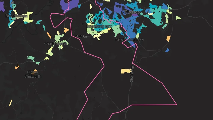 House price heatmap showing property values across Glossop