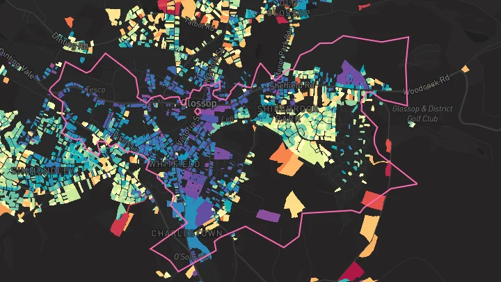 House price heatmap showing property values across Glossop