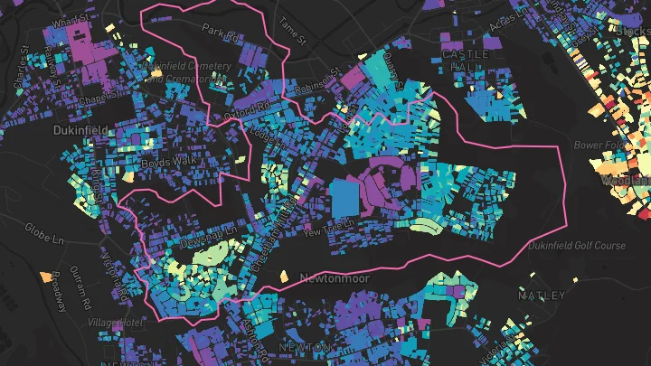 House price heatmap showing property values across Dukinfield