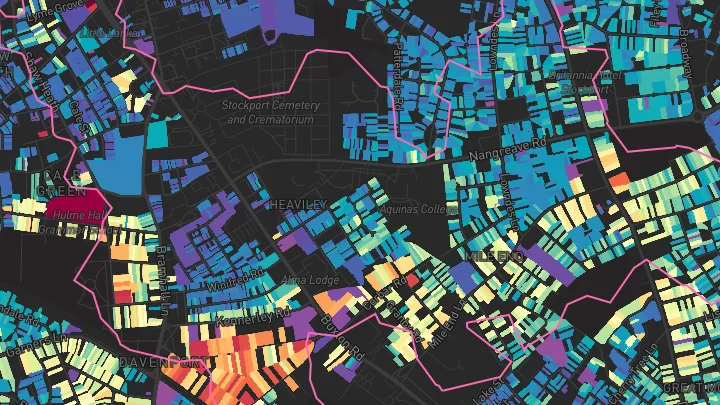 House price heatmap showing property values across Stockport