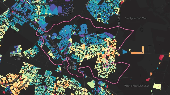 House price heatmap showing property values across Hazel Grove
