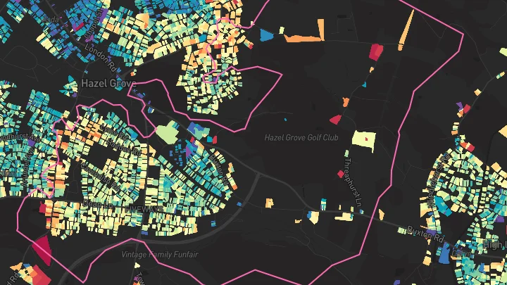 House price heatmap showing property values across Hazel Grove