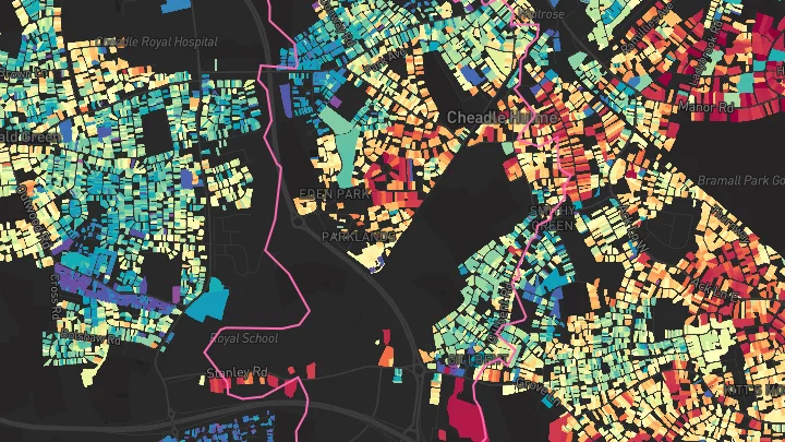 House price heatmap showing property values across Cheadle Hulme
