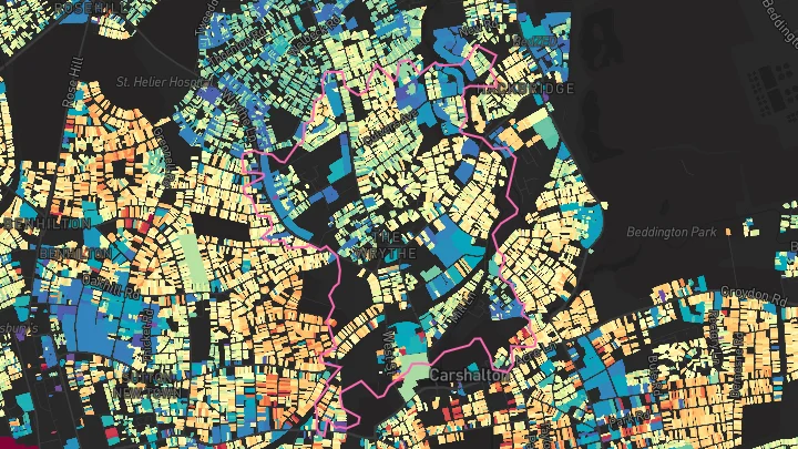 House price heatmap showing property values across Carshalton