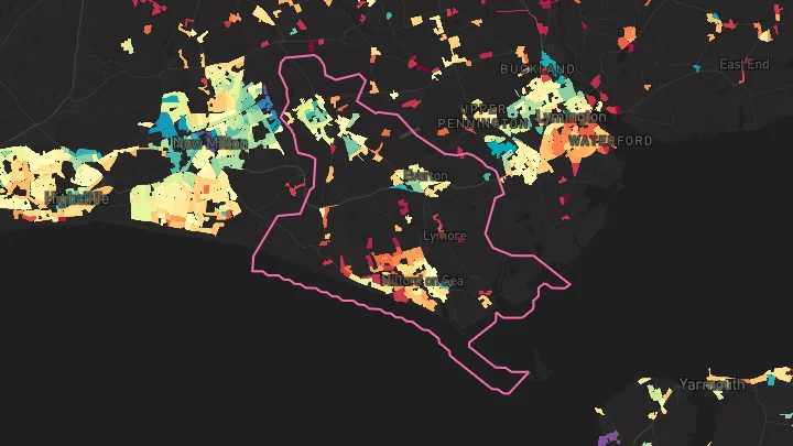 House price heatmap showing property values across Milford On Sea