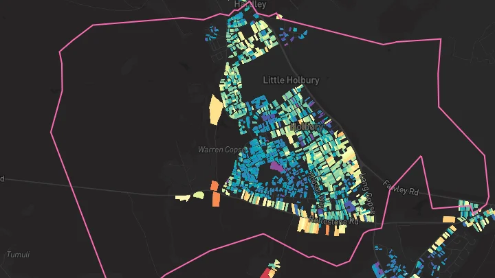 House price heatmap showing property values across Holbury