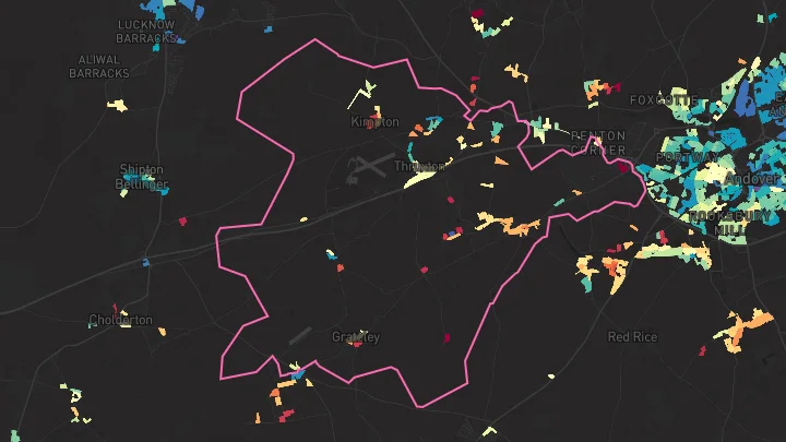 House price heatmap showing property values across Thruxton