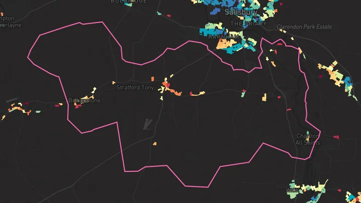 House price heatmap showing property values across Coombe Bissett