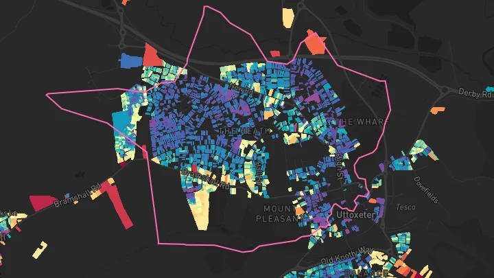 House price heatmap showing property values across Uttoxeter