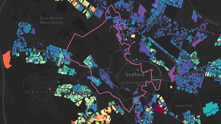 House price heatmap showing property values across Stafford