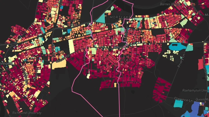 House price heatmap showing property values across Mortlake
