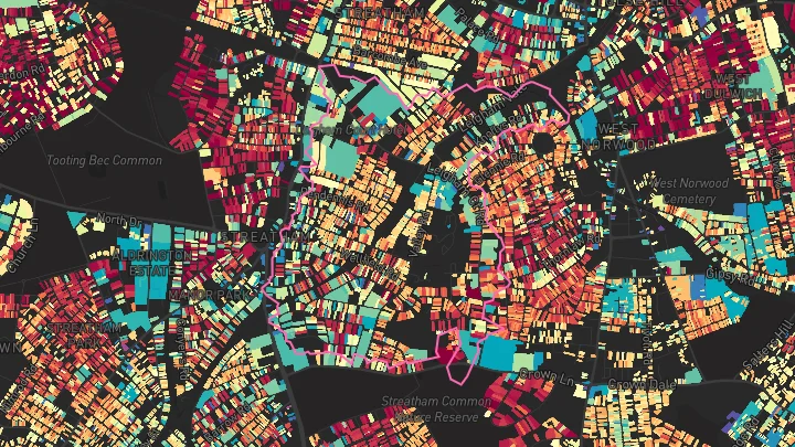 House price heatmap showing property values across Streatham
