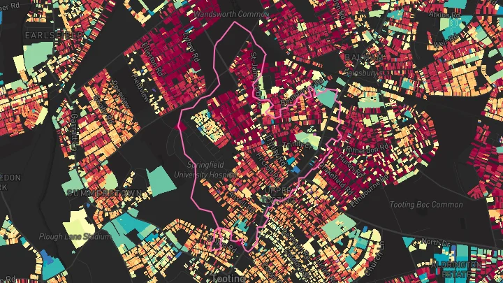 House price heatmap showing property values across Tooting Bec