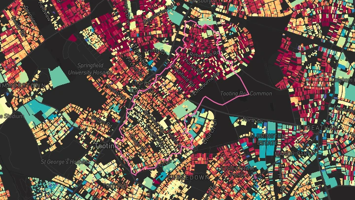 House price heatmap showing property values across Tooting Bec