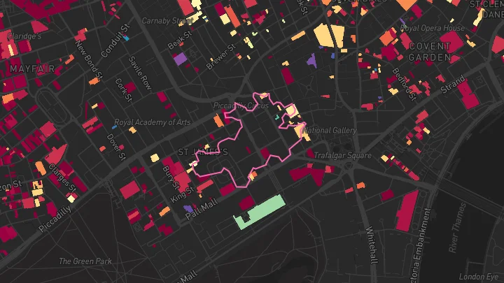 House price heatmap showing property values across Piccadilly Circus