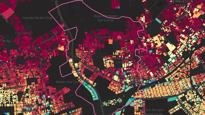 House price heatmap showing property values across Raynes Park